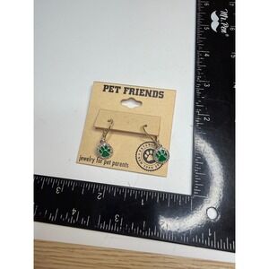 Pet Friends Green Enamel Paw Print Crystal Halo Drop Earrings Silver Tone NEW